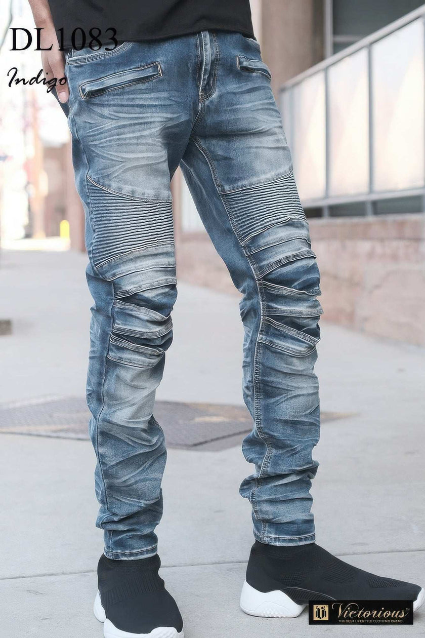 Men Creased Biker Denim Jeans - Pikemla