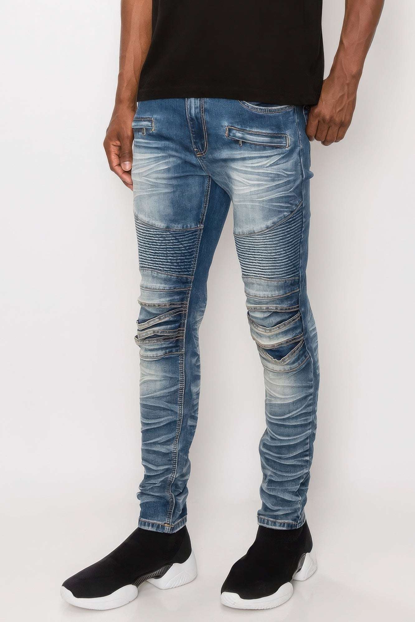 Men Creased Biker Denim Jeans - Pikemla