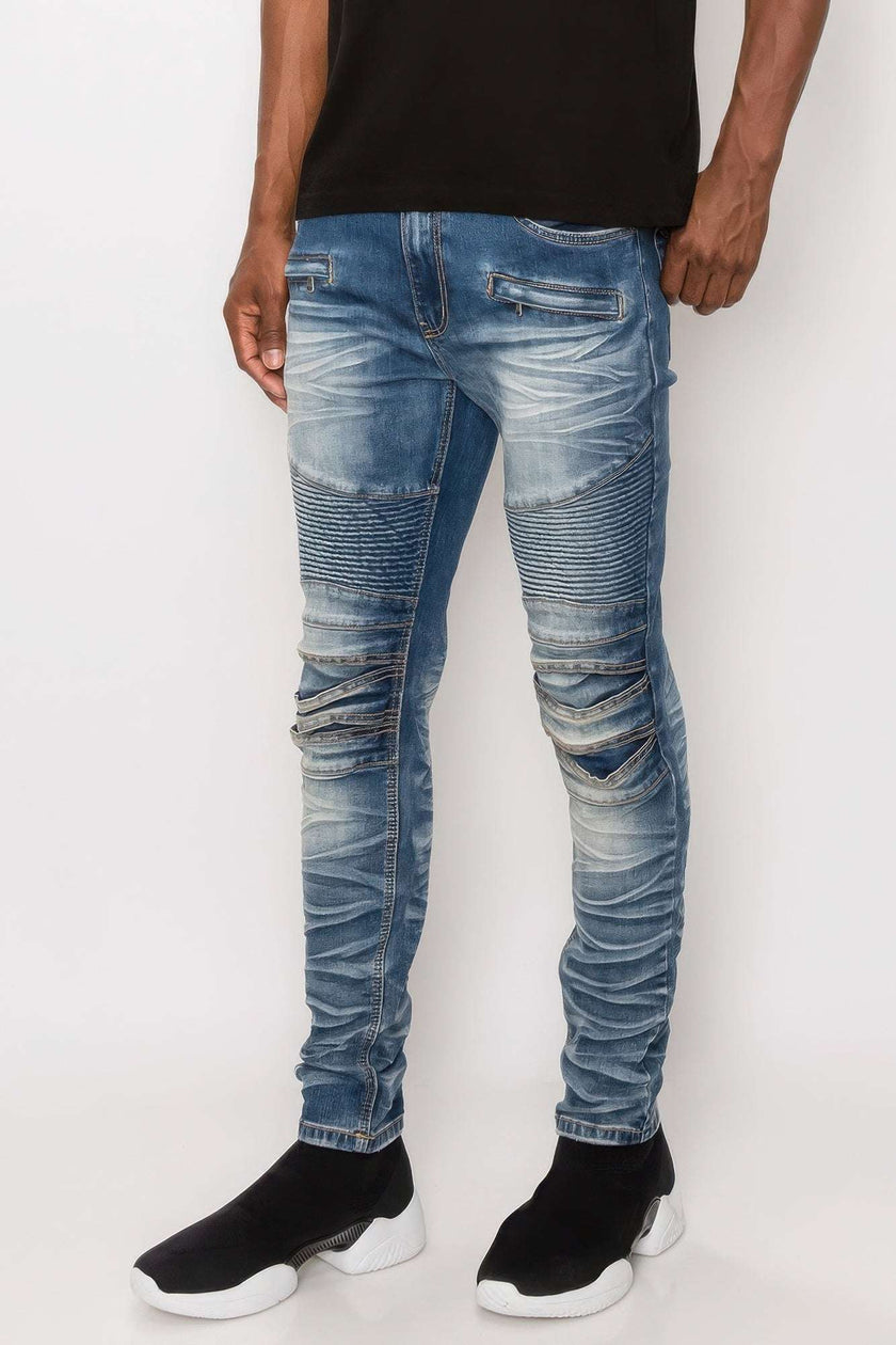Men Creased Biker Denim Jeans - Pikemla
