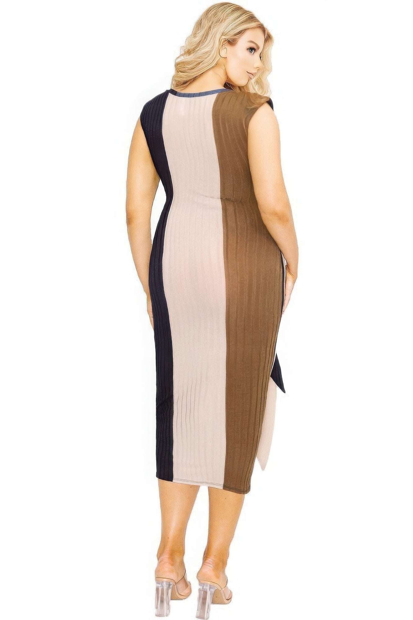 Plus knitted sleeveless colorblock waist tie dress - Pikemla