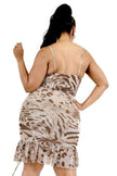 Plus wild animal print cami strap ruffle hem dress - Pikemla
