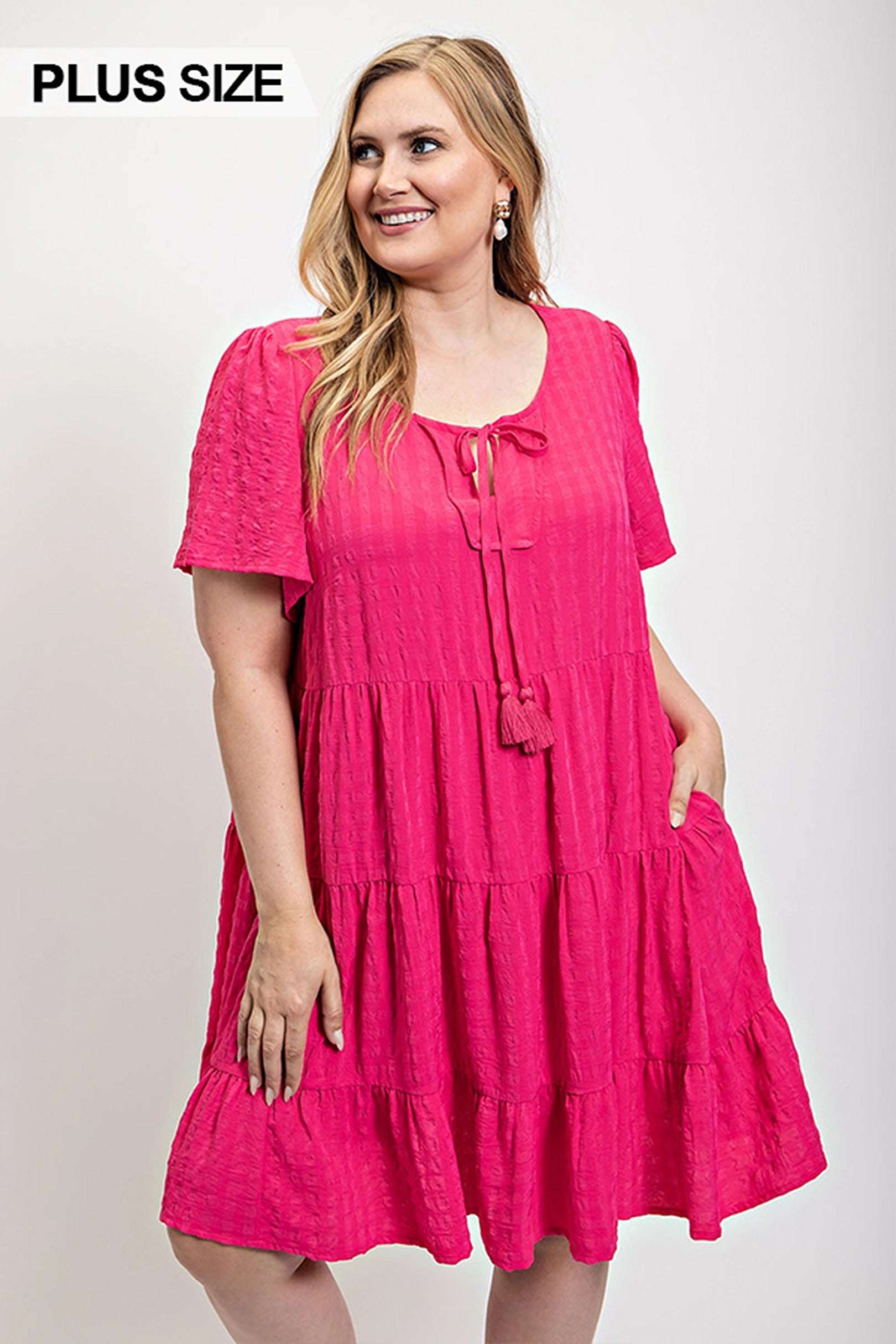 Textured woven tiered dress with tassel tie and pockets - Pikemla