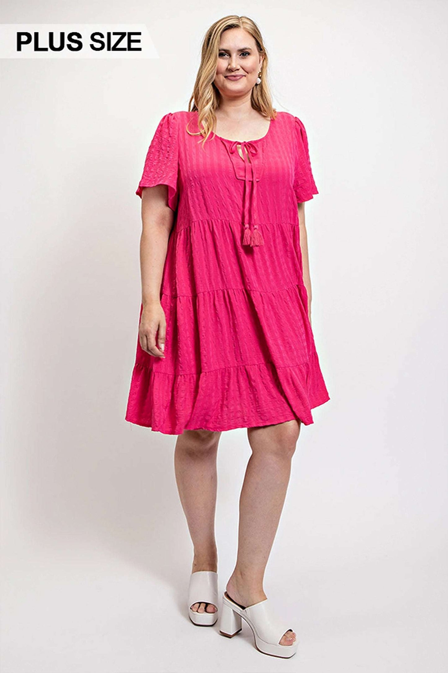 Textured woven tiered dress with tassel tie and pockets - Pikemla