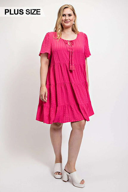 Textured woven tiered dress with tassel tie and pockets - Pikemla
