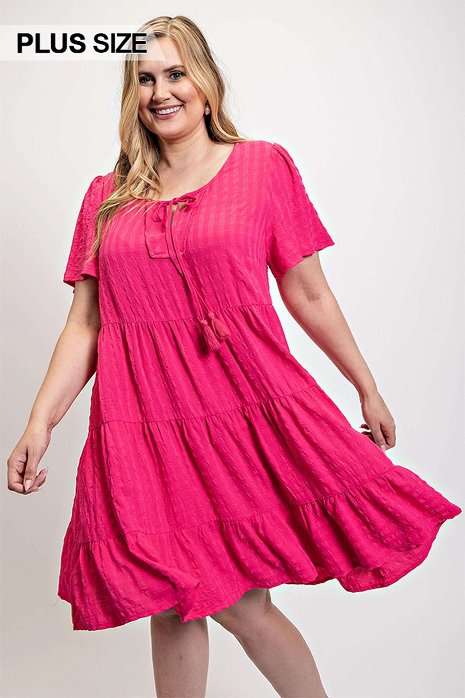 Textured woven tiered dress with tassel tie and pockets - Pikemla