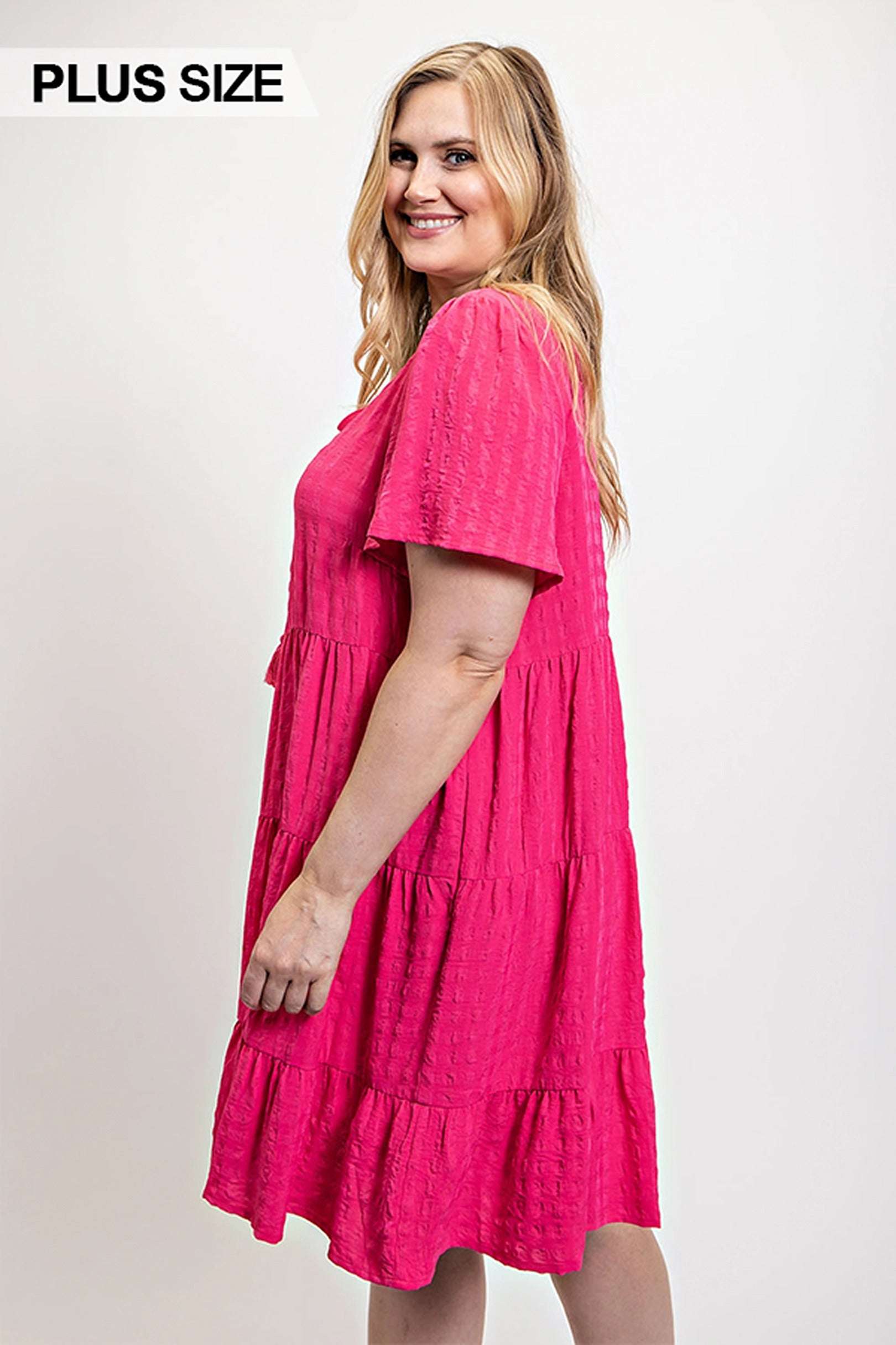 Textured woven tiered dress with tassel tie and pockets - Pikemla