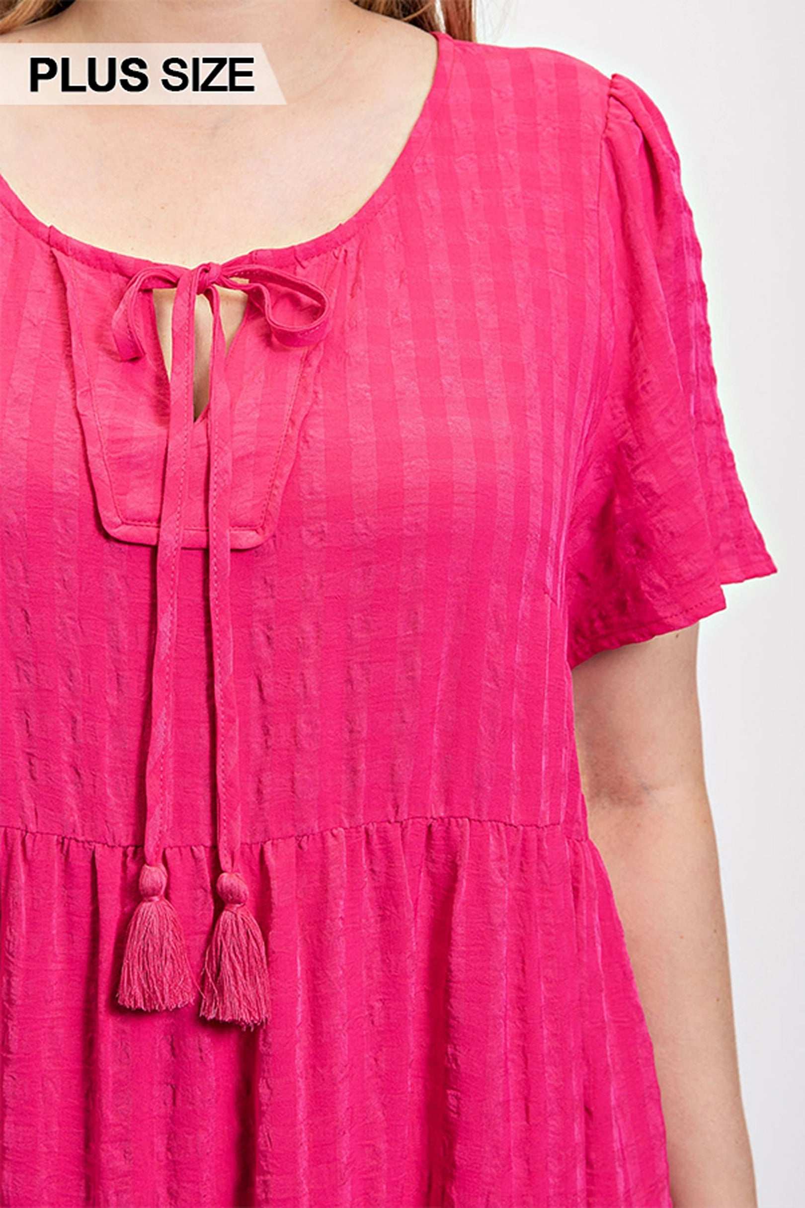 Textured woven tiered dress with tassel tie and pockets - Pikemla
