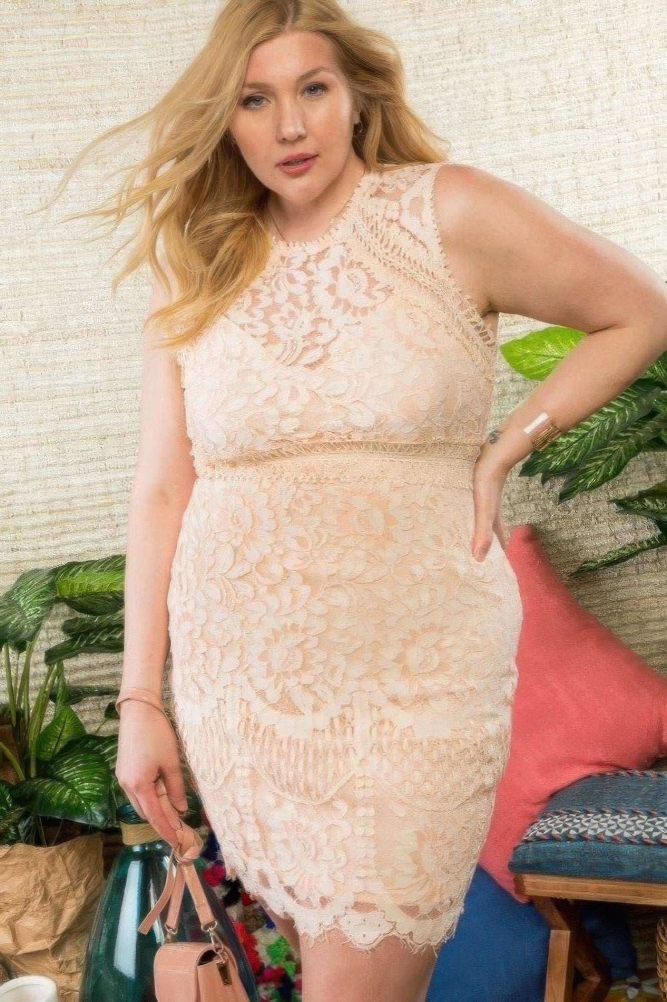 Plus Size Crochet Lace Sleeveless Dress With Round Hem - Pikemla