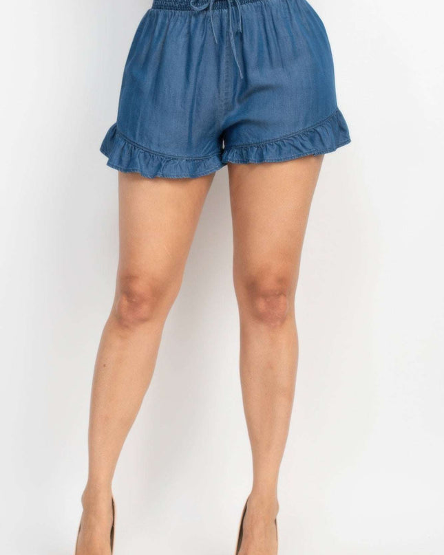 Smocked Waist Ruffled Denim Shorts - Pikemla