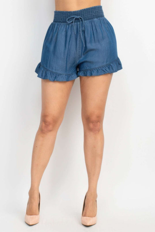 Smocked Waist Ruffled Denim Shorts - Pikemla