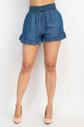 Smocked Waist Ruffled Denim Shorts - Pikemla