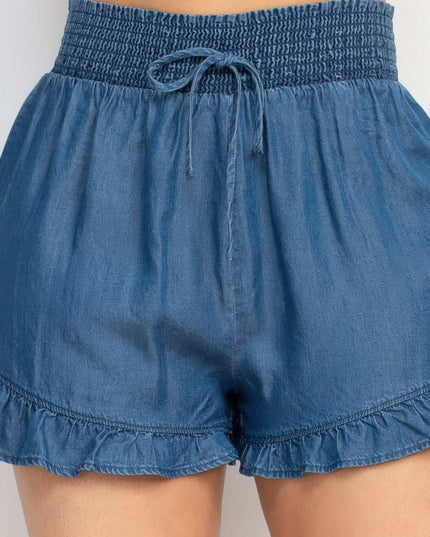 Smocked Waist Ruffled Denim Shorts - Pikemla
