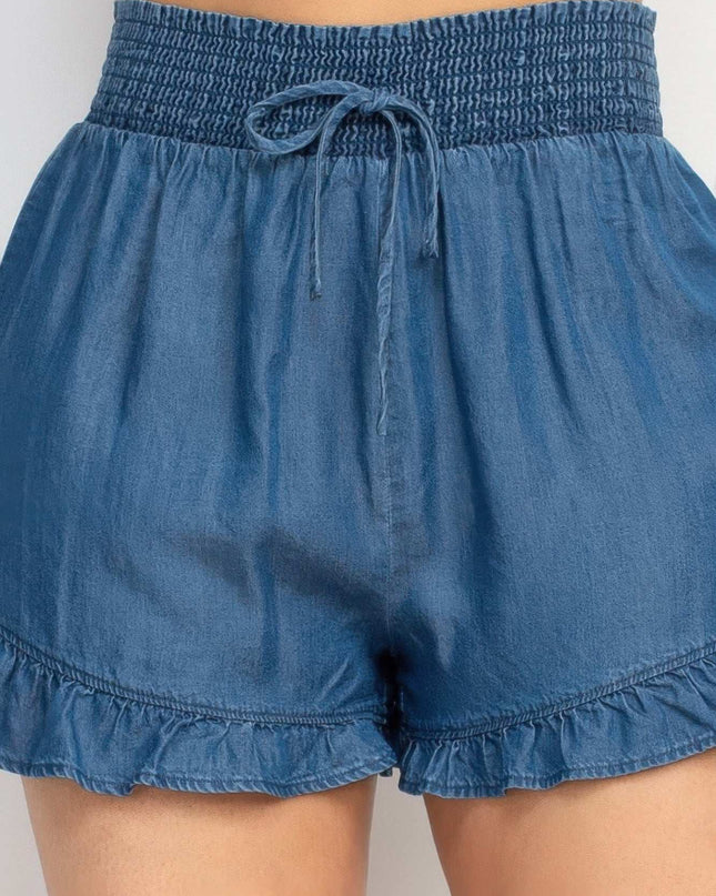 Smocked Waist Ruffled Denim Shorts - Pikemla