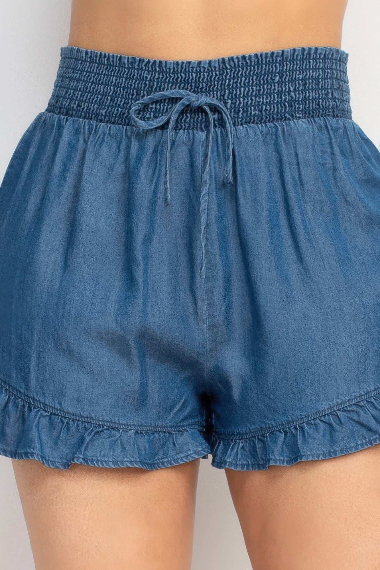 Smocked Waist Ruffled Denim Shorts - Pikemla
