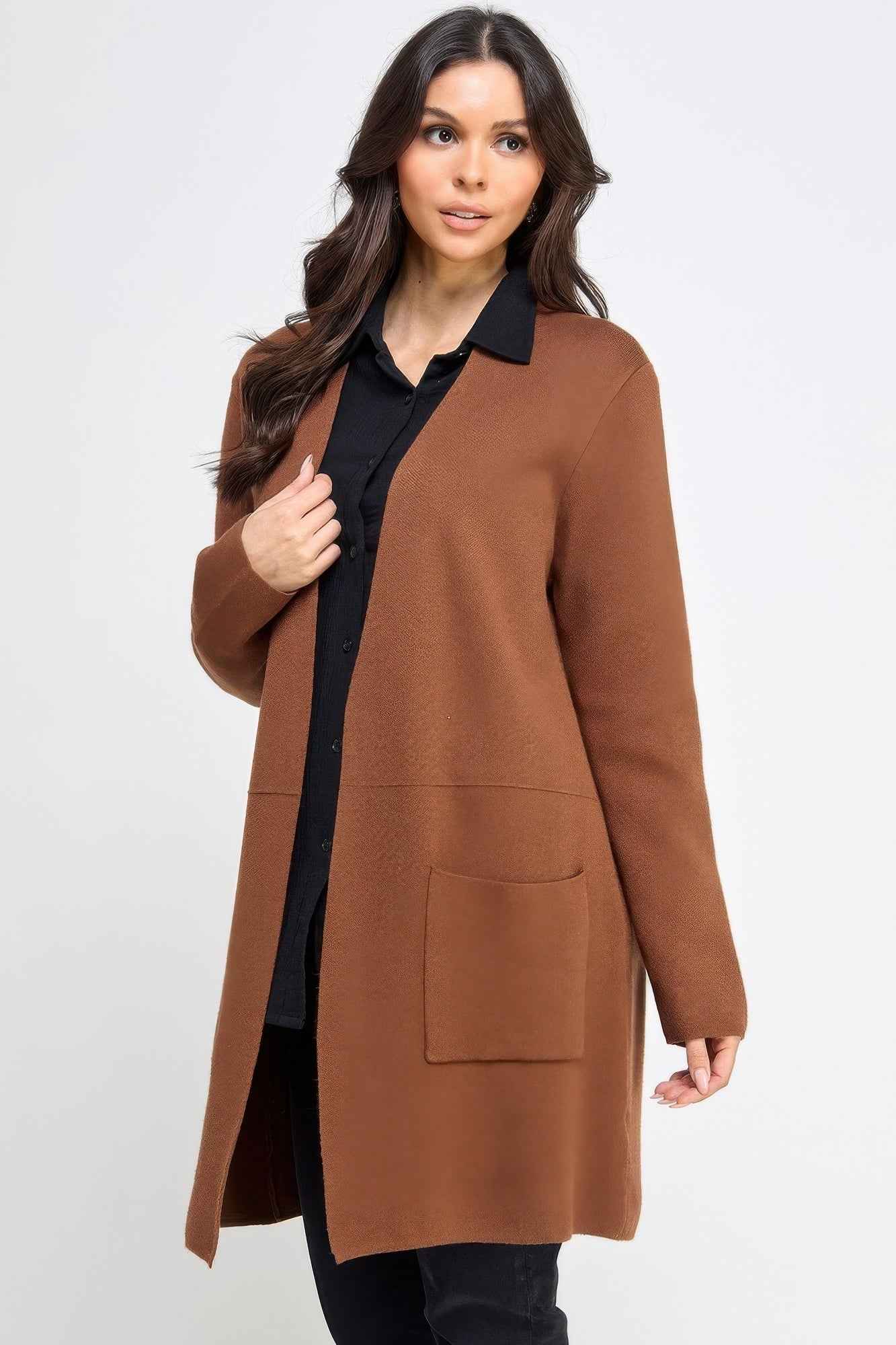 Basic Soft Long Line Open Front Sweater Cardigan - Pikemla