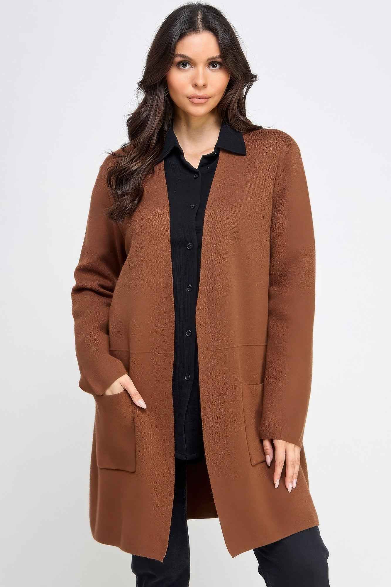 Basic Soft Long Line Open Front Sweater Cardigan - Pikemla