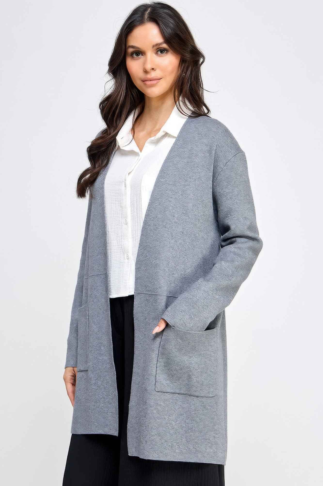 Basic Soft Long Line Open Front Sweater Cardigan - Pikemla