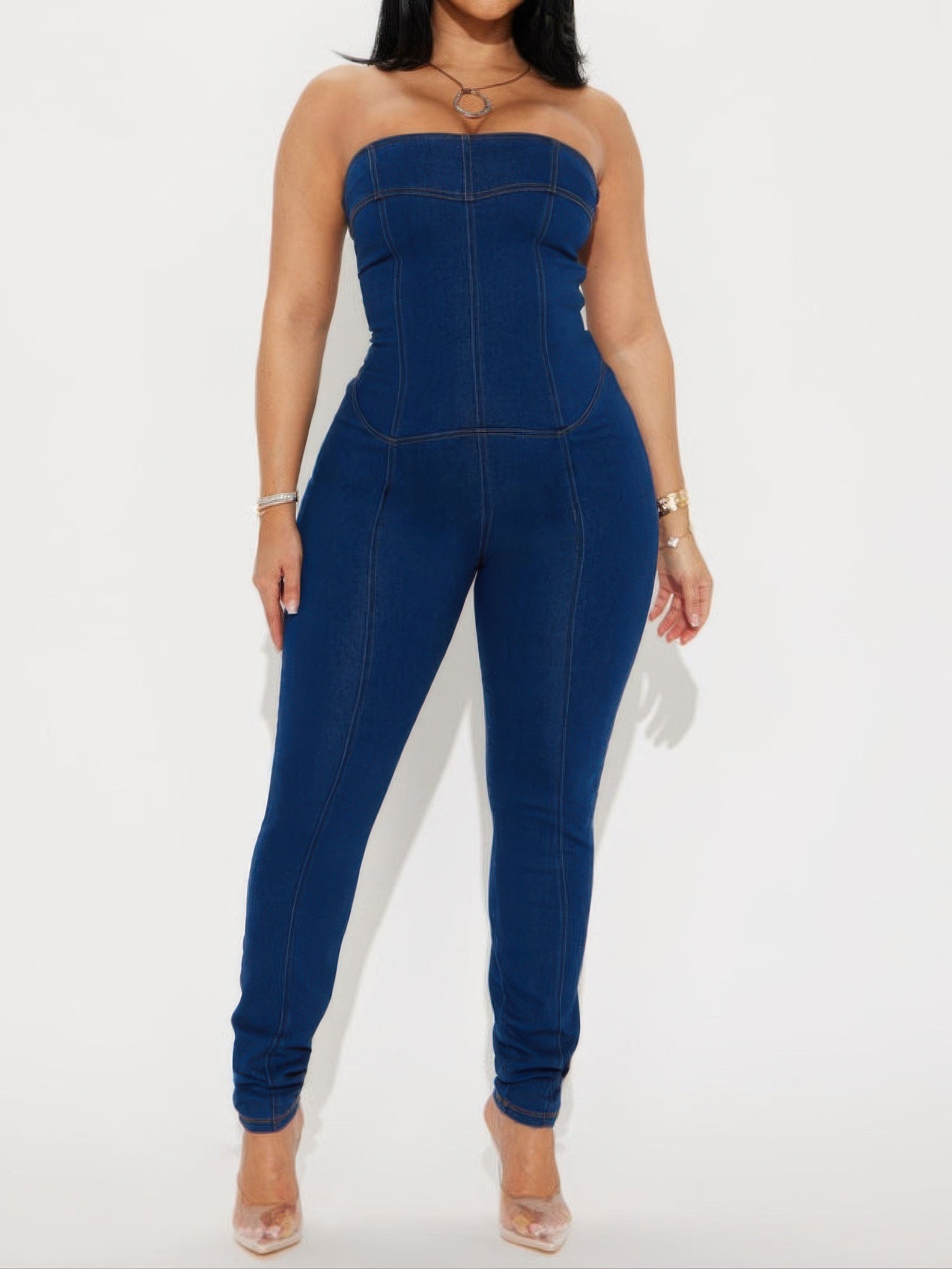 Strapless Denim Jumpsuit With Lace Up Back - Pikemla