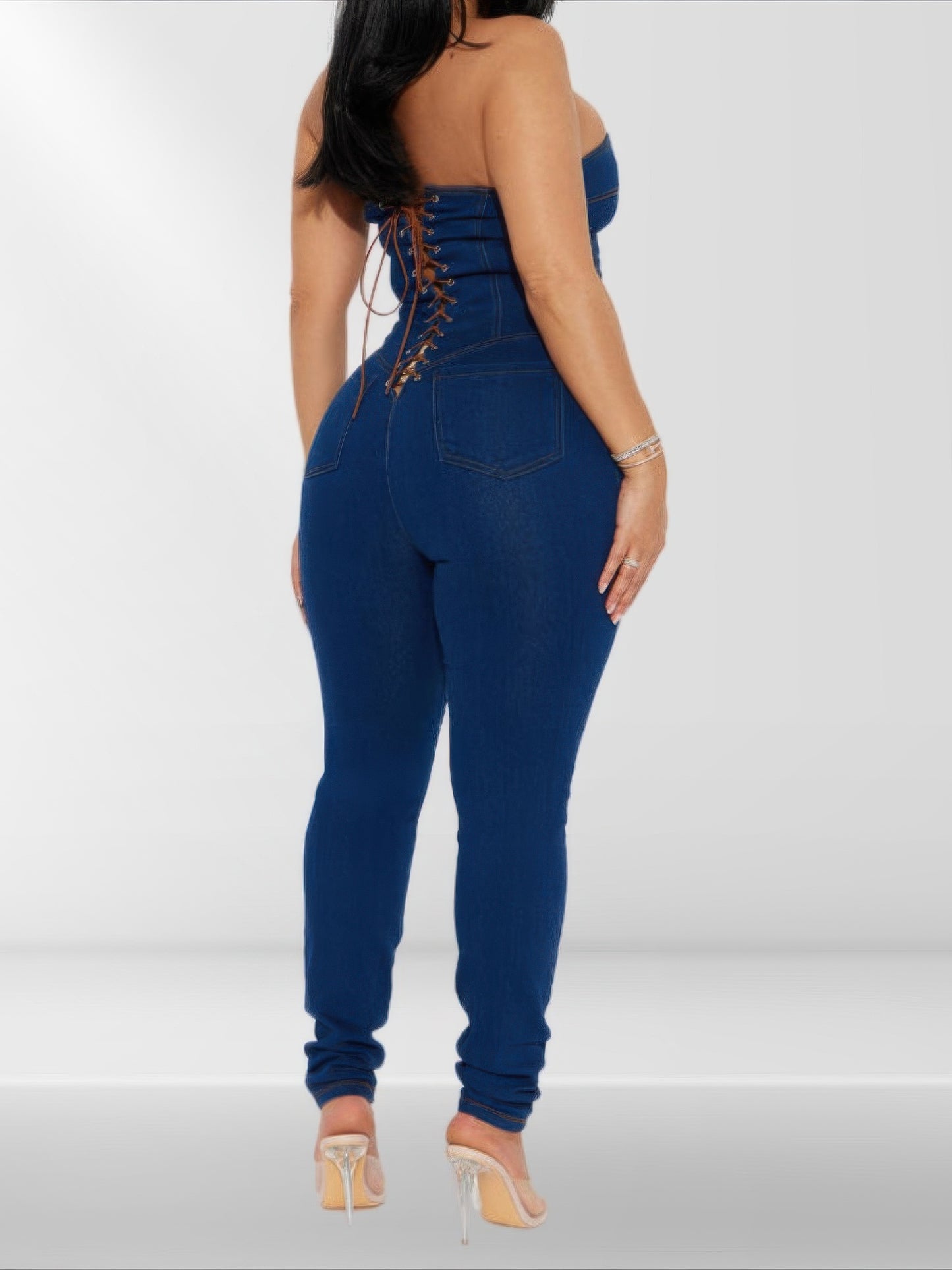 Strapless Denim Jumpsuit With Lace Up Back - Pikemla