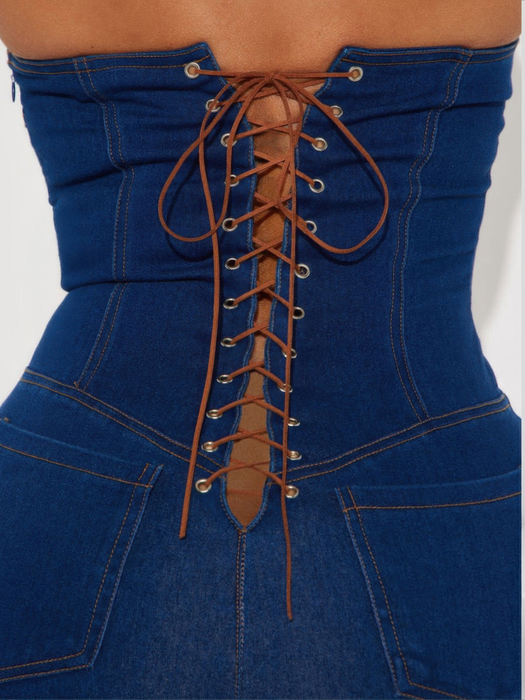 Strapless Denim Jumpsuit With Lace Up Back - Pikemla