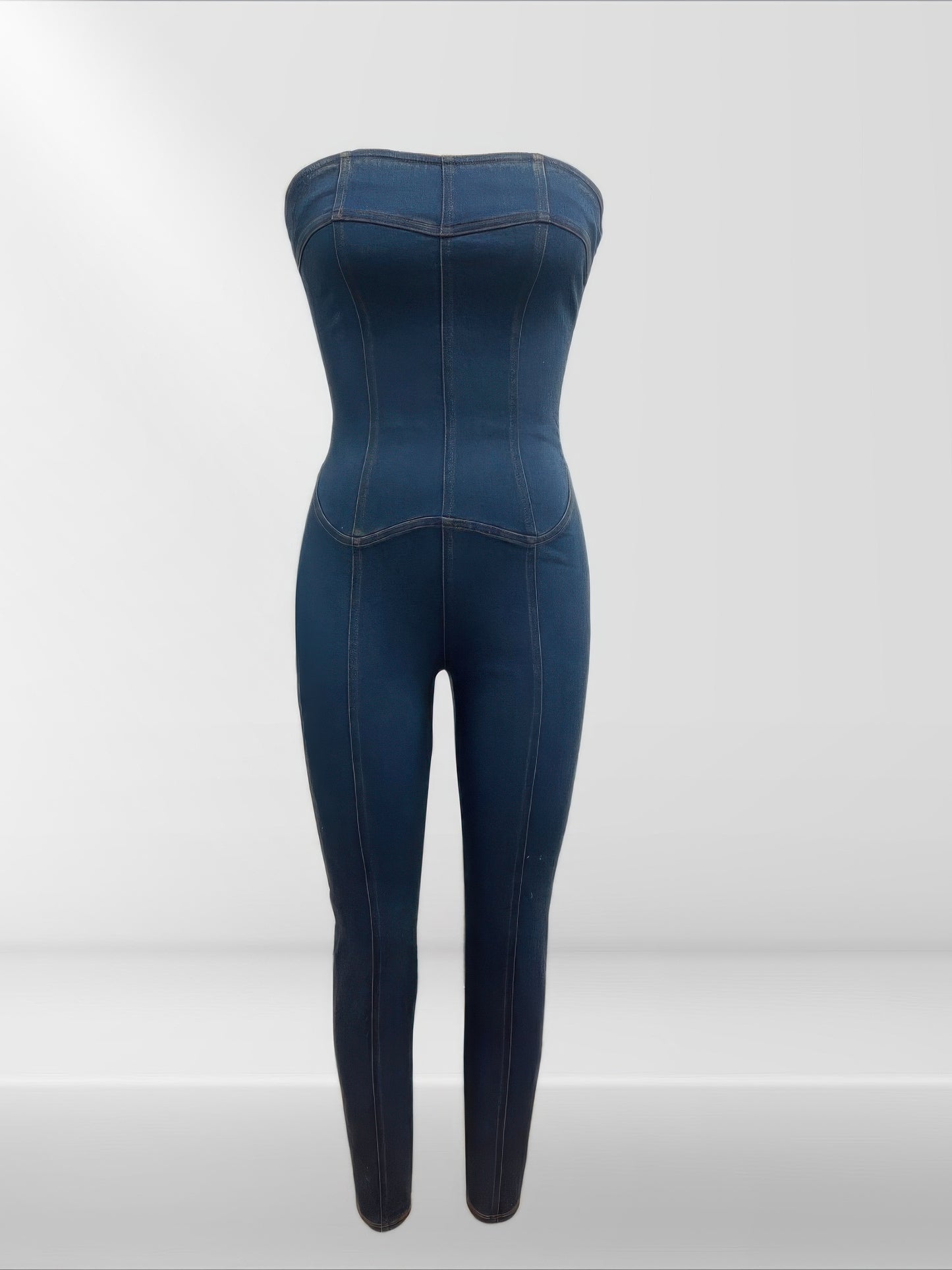 Strapless Denim Jumpsuit With Lace Up Back - Pikemla