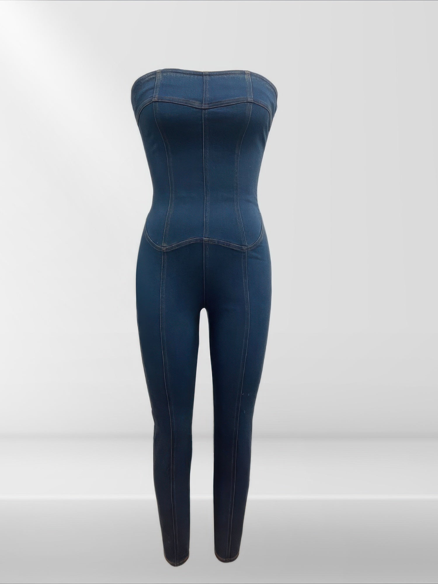 Strapless Denim Jumpsuit With Lace Up Back - Pikemla