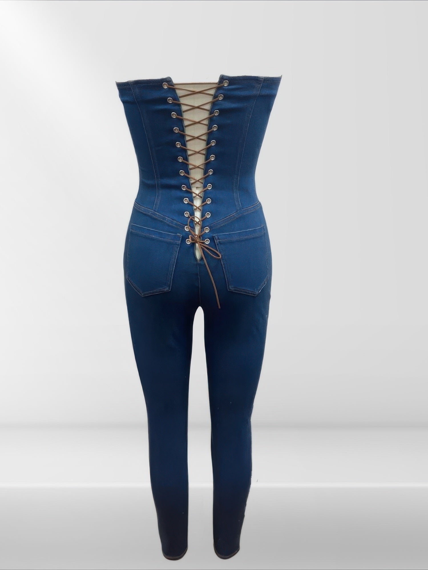 Strapless Denim Jumpsuit With Lace Up Back - Pikemla