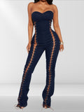 Lace Up Detail Denim Jumpsuit - Pikemla