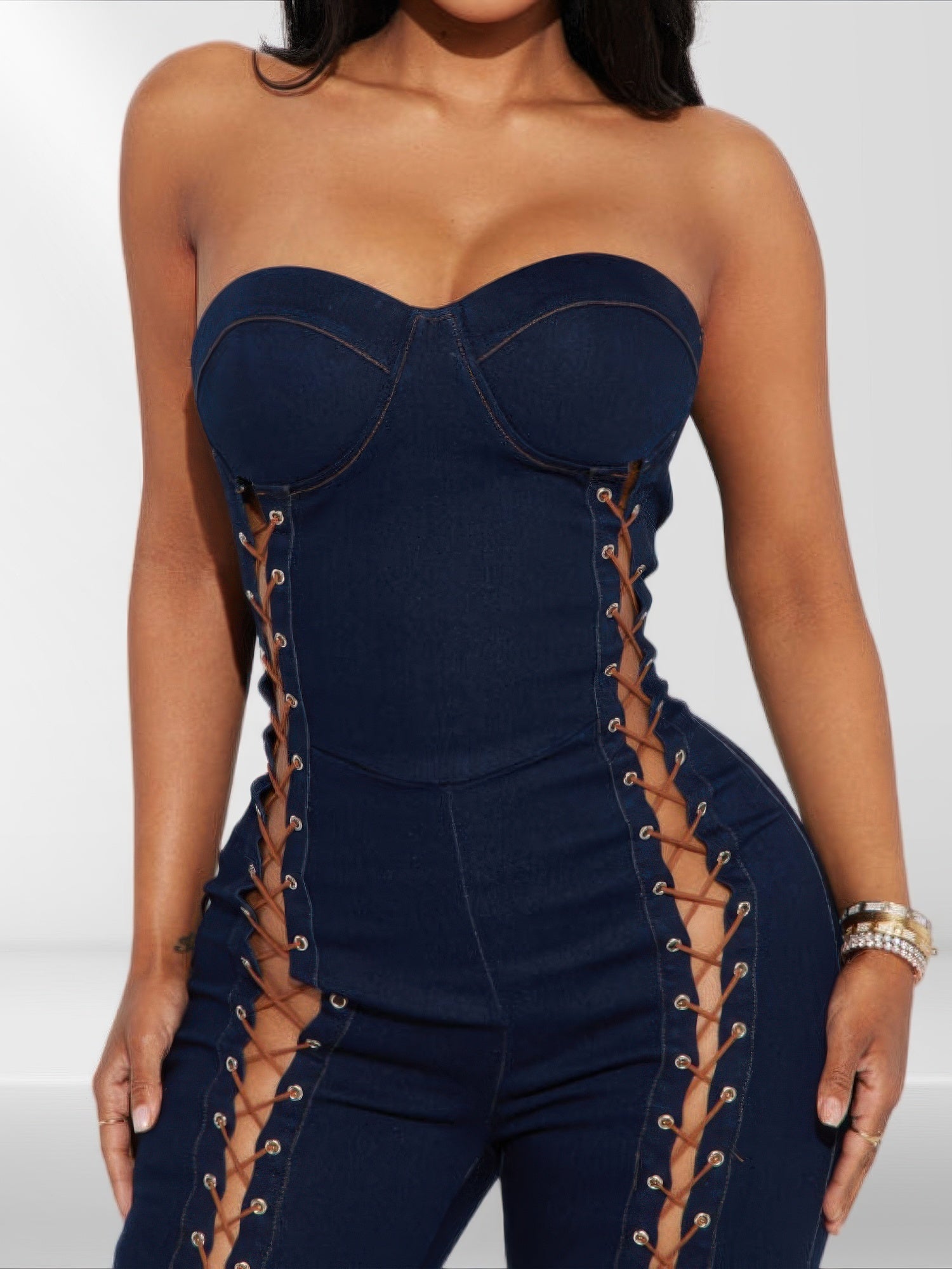 Lace Up Detail Denim Jumpsuit - Pikemla