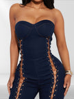 Lace Up Detail Denim Jumpsuit - Pikemla