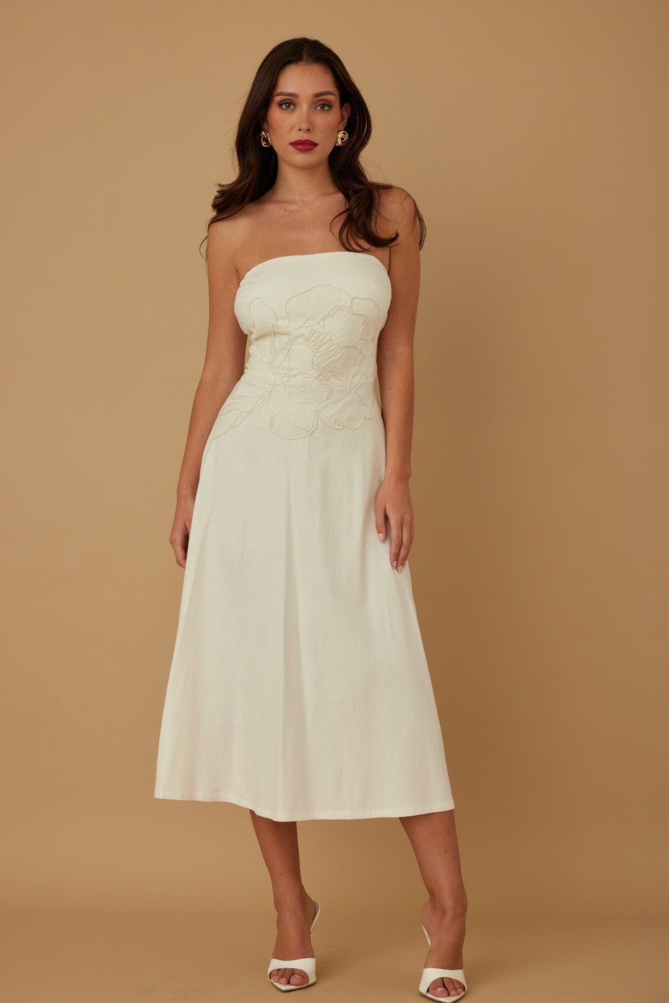 Flower Lining Linen Pattern Strapless Dress - Pikemla