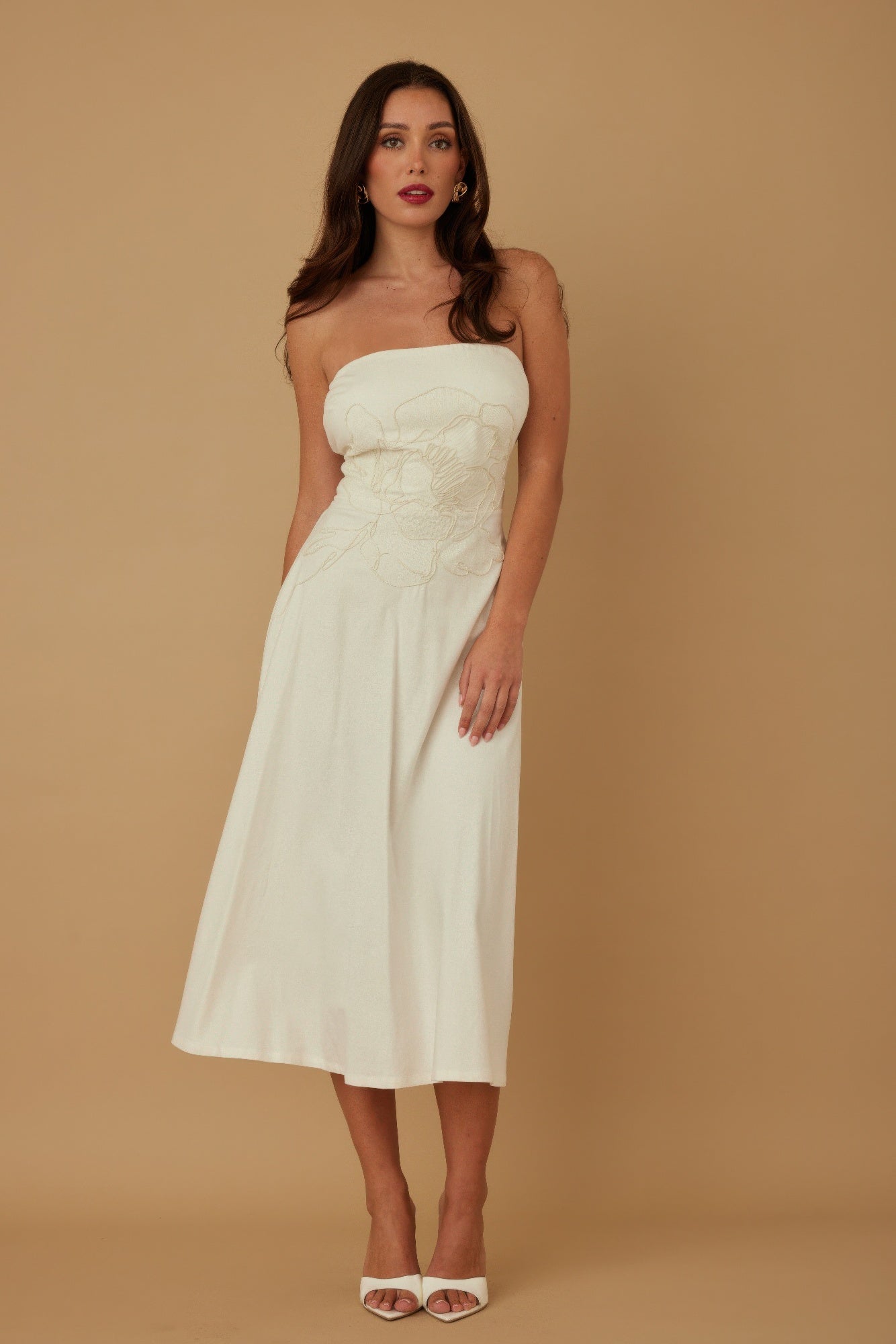 Flower Lining Linen Pattern Strapless Dress - Pikemla