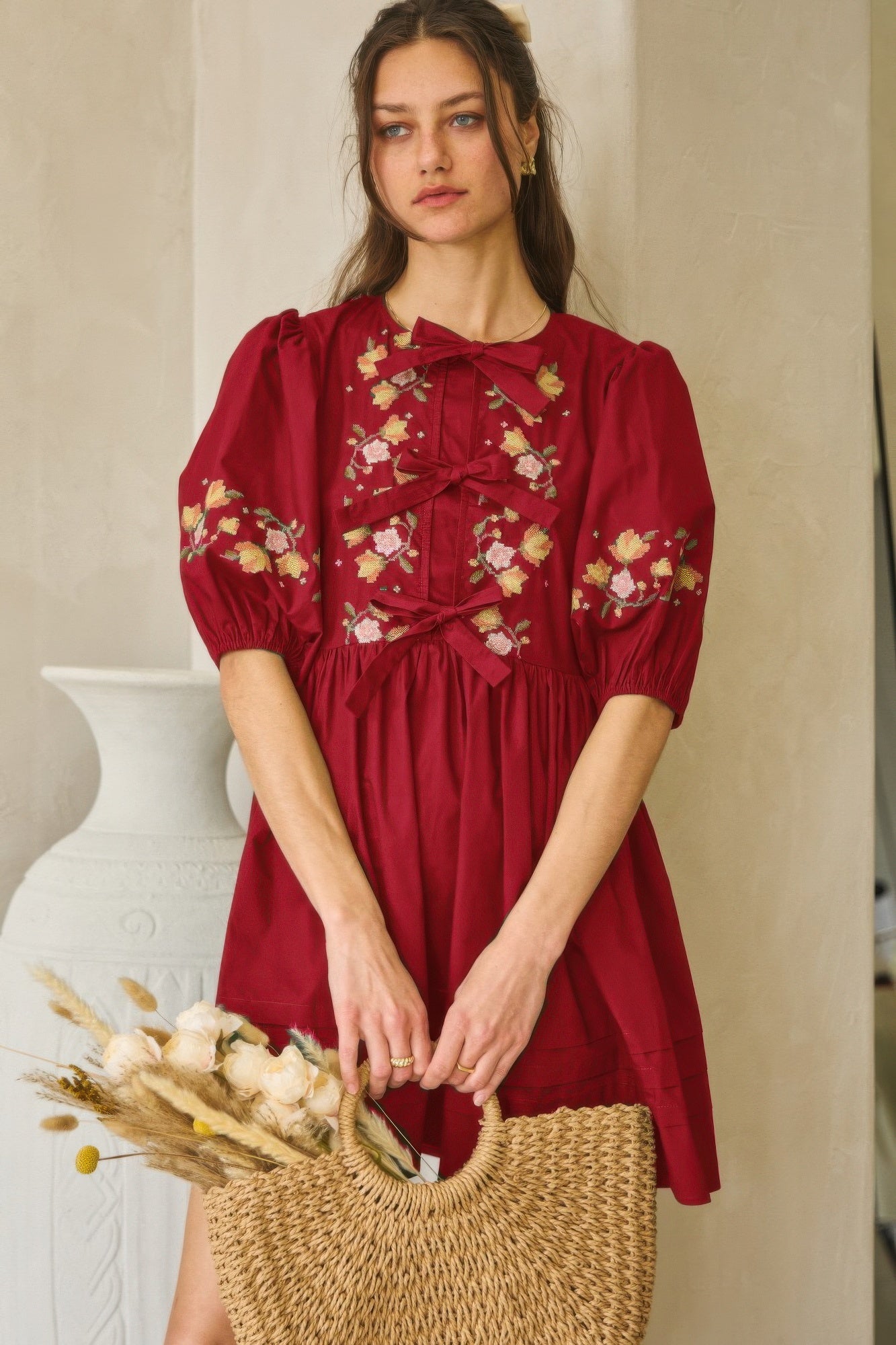 Poplin Front Ribbon Tie Baby Doll Dress - Pikemla