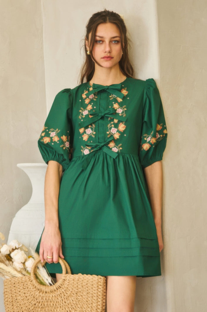 Poplin Front Ribbon Tie Baby Doll Dress - Pikemla