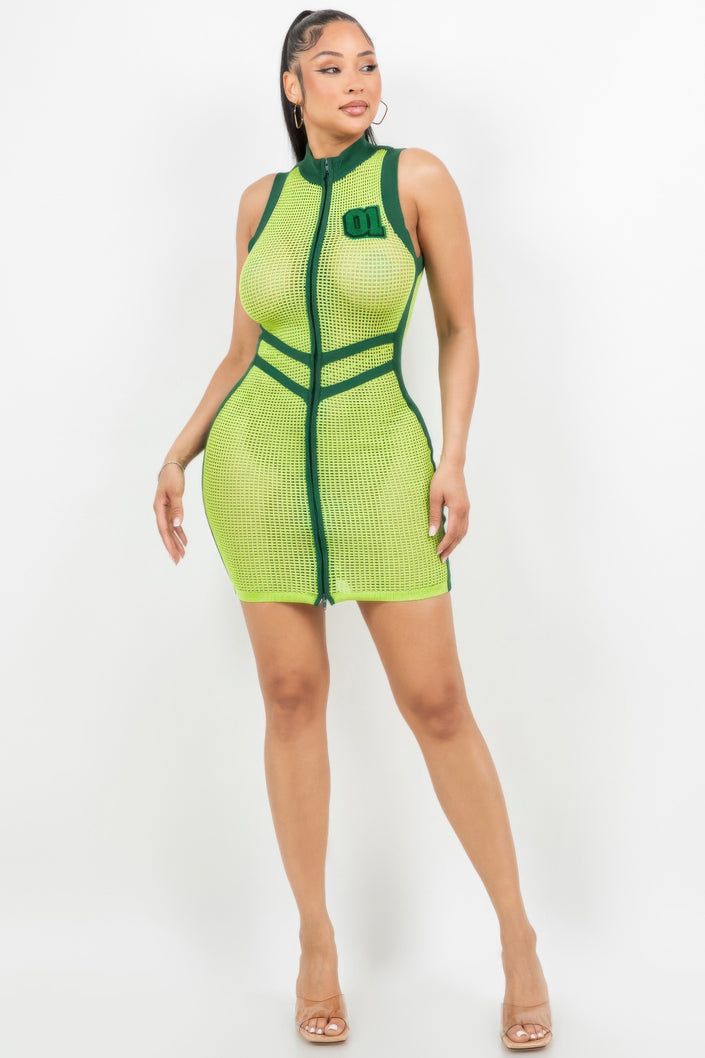 Netting 2 Way Zipper Mini Dress - Pikemla