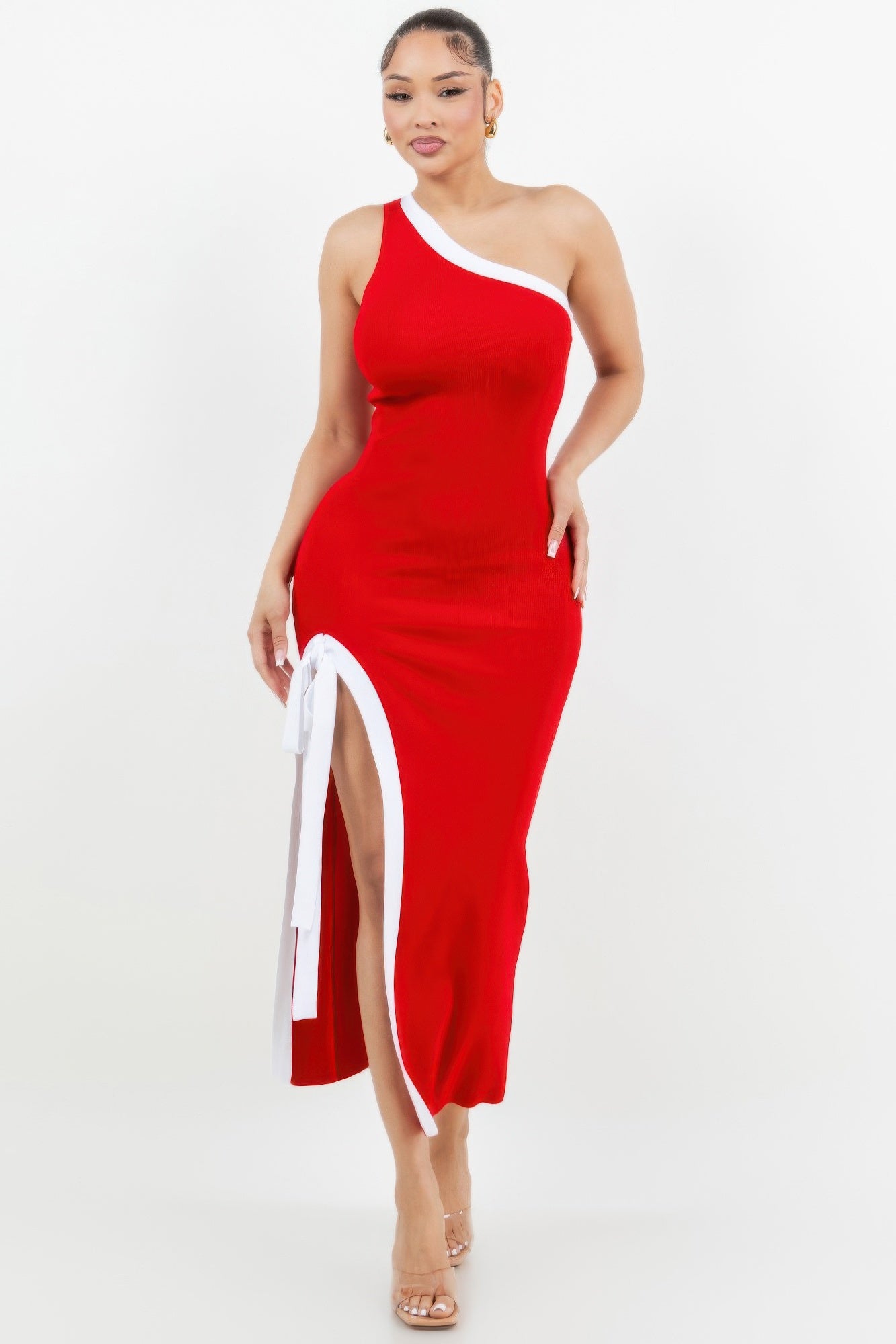 One Shoulder Side Slit Tie-up Maxi Dress - Pikemla