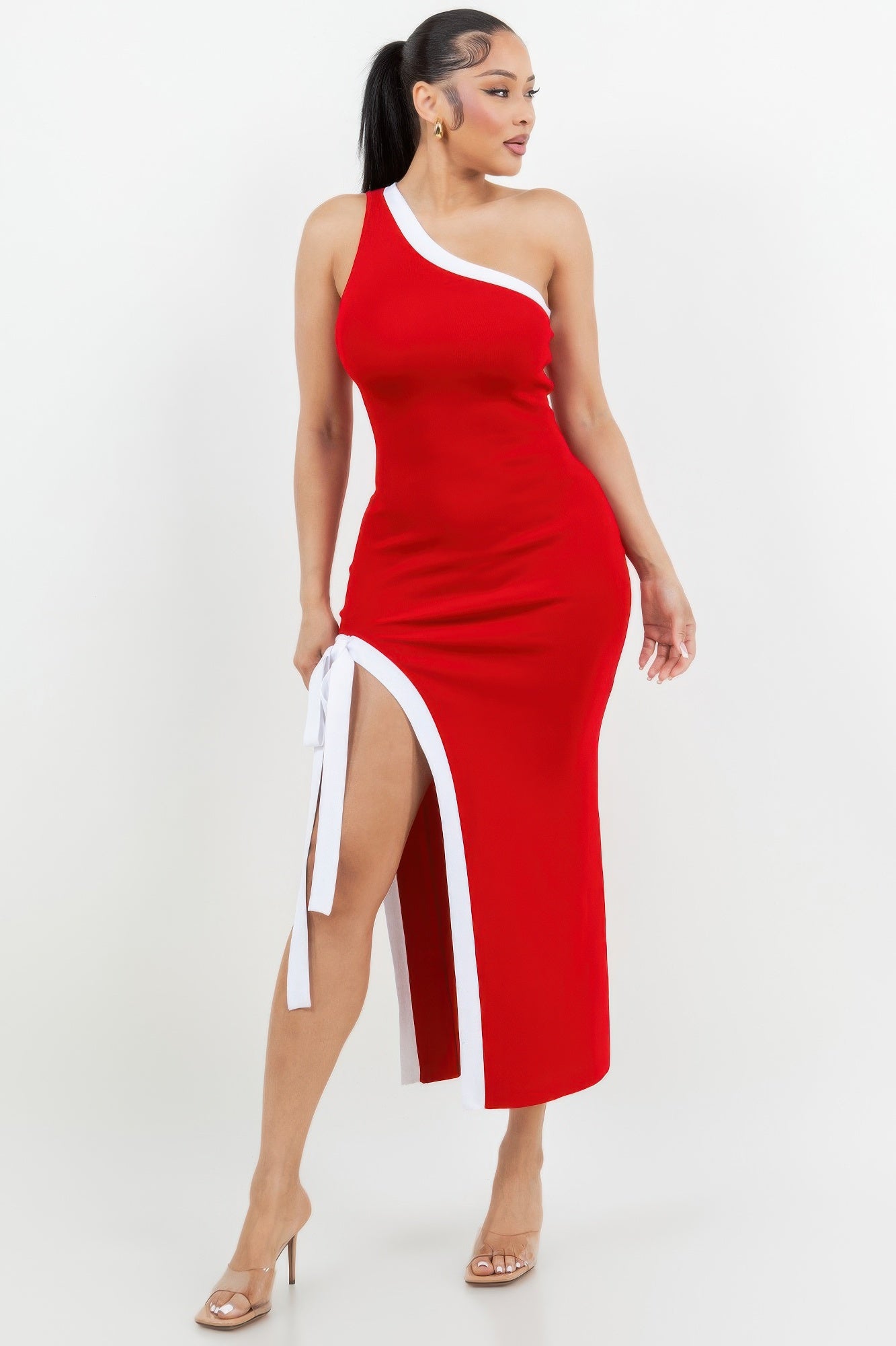 One Shoulder Side Slit Tie-up Maxi Dress - Pikemla
