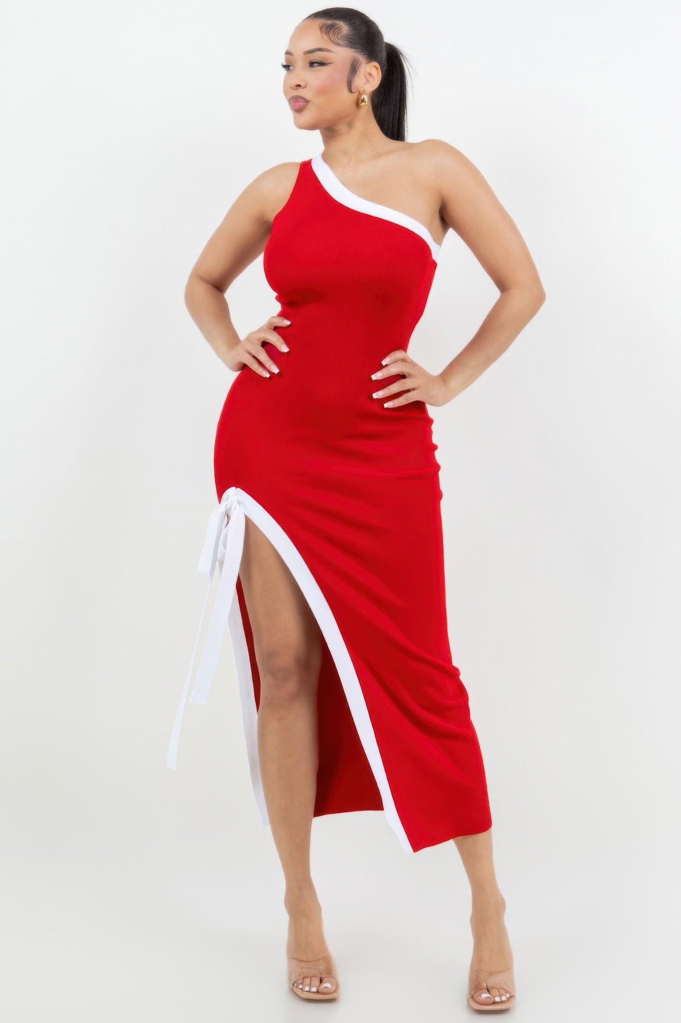 One Shoulder Side Slit Tie-up Maxi Dress - Pikemla
