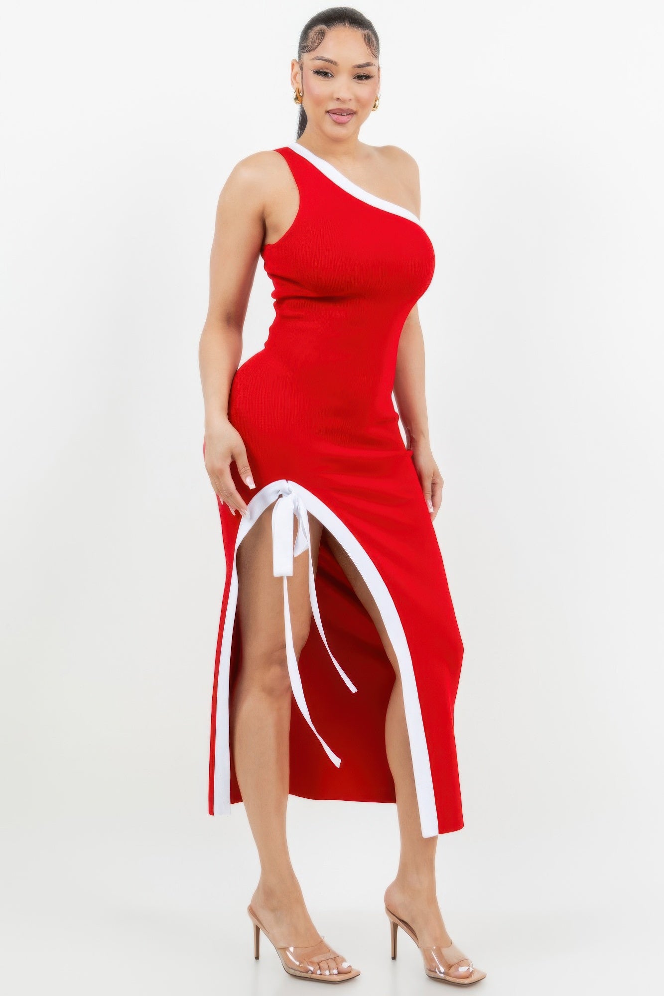 One Shoulder Side Slit Tie-up Maxi Dress - Pikemla