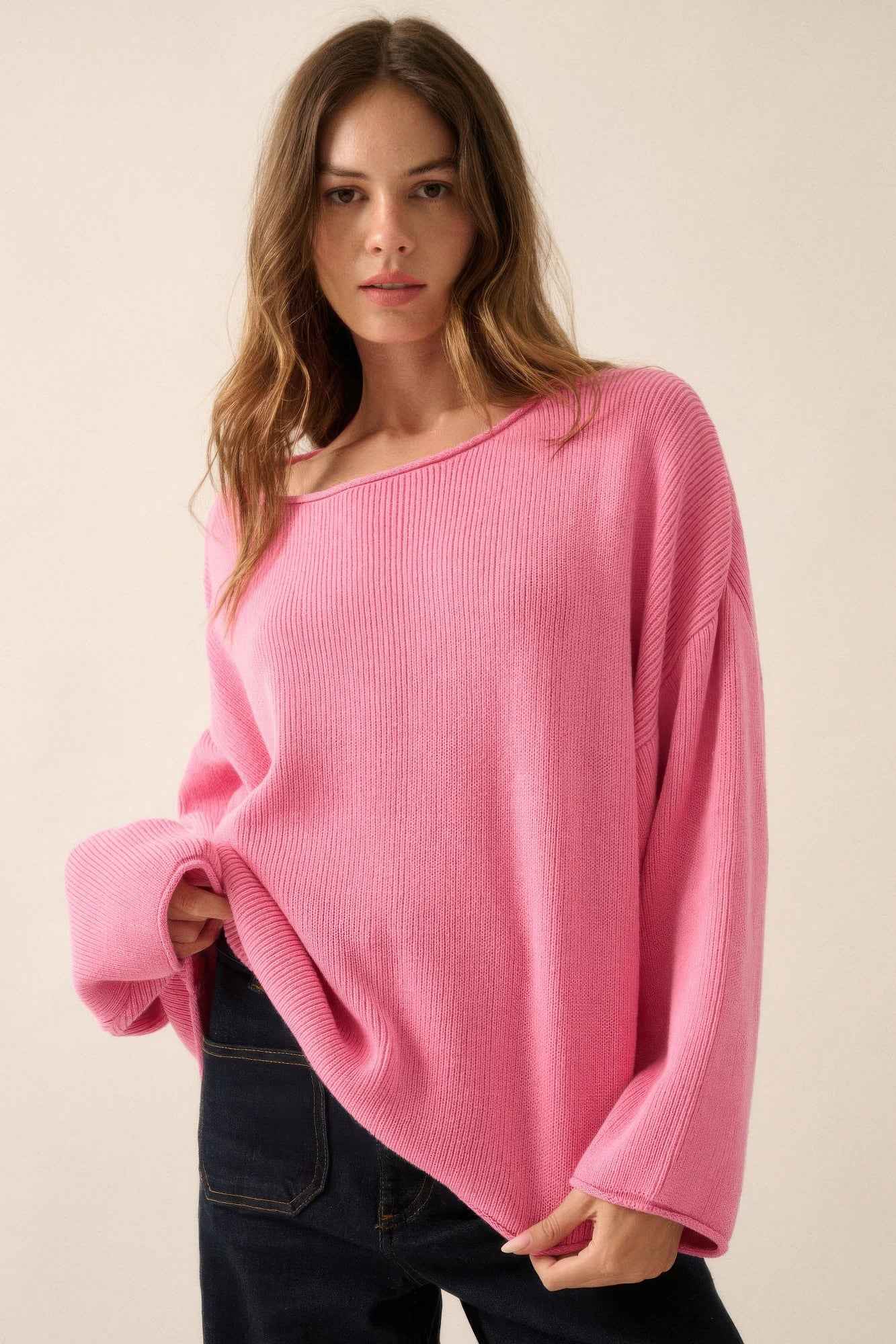 Solid Rib-knit Oversized Boatneck Sweater - Pikemla