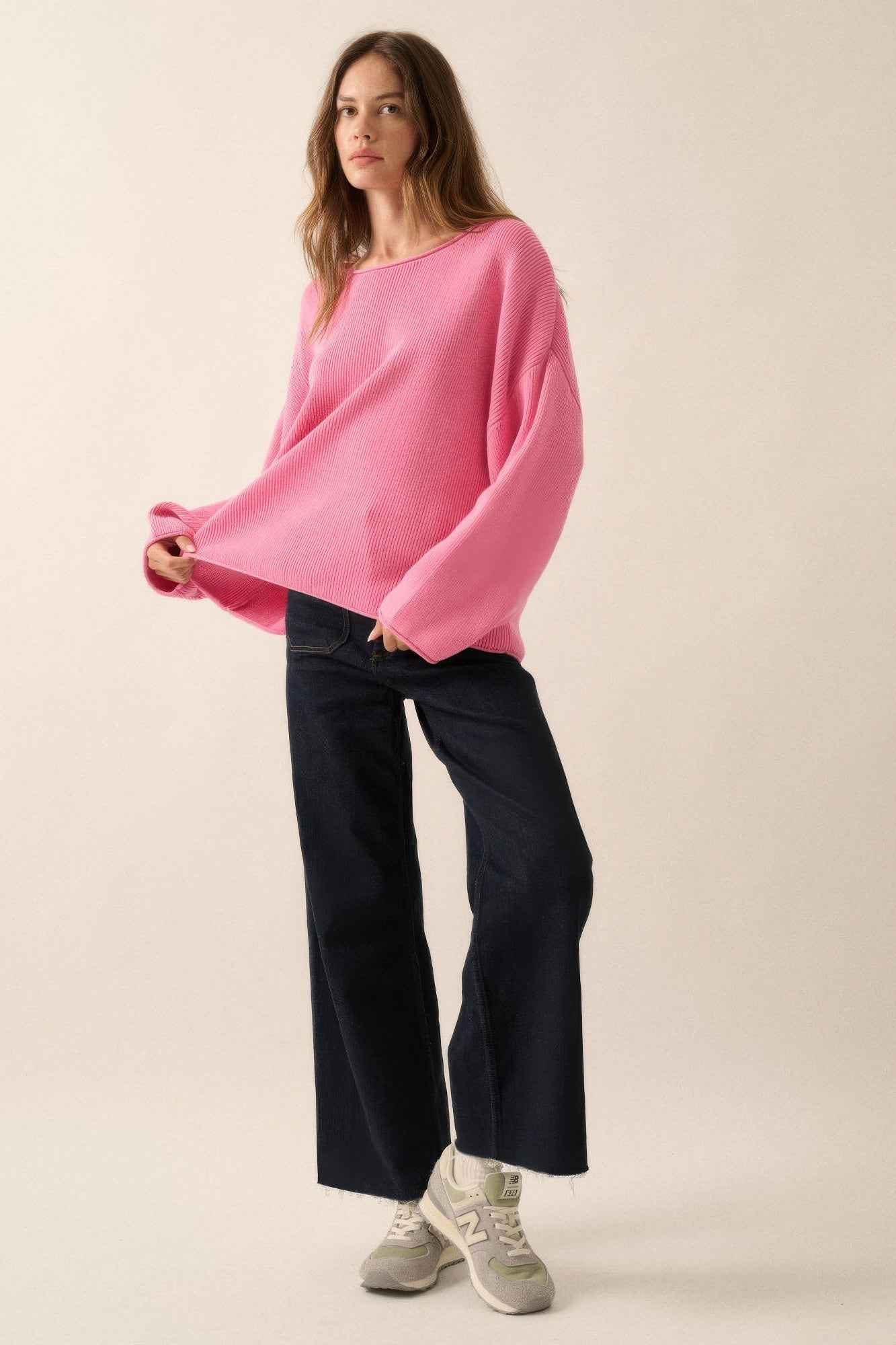 Solid Rib-knit Oversized Boatneck Sweater - Pikemla