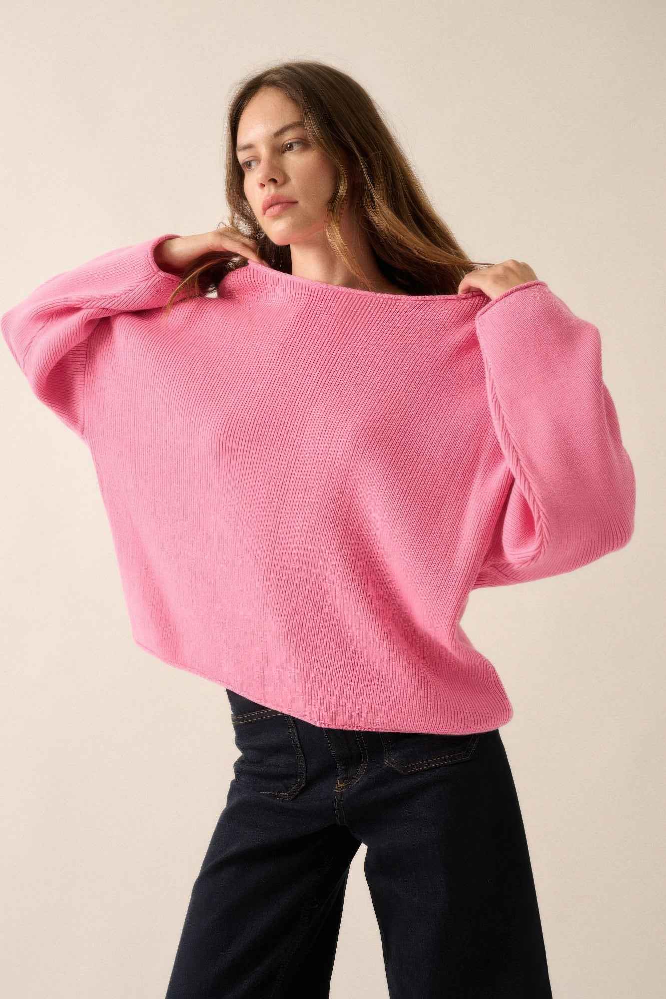 Solid Rib-knit Oversized Boatneck Sweater - Pikemla