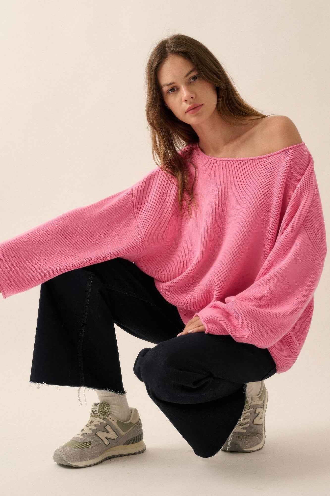 Solid Rib-knit Oversized Boatneck Sweater - Pikemla