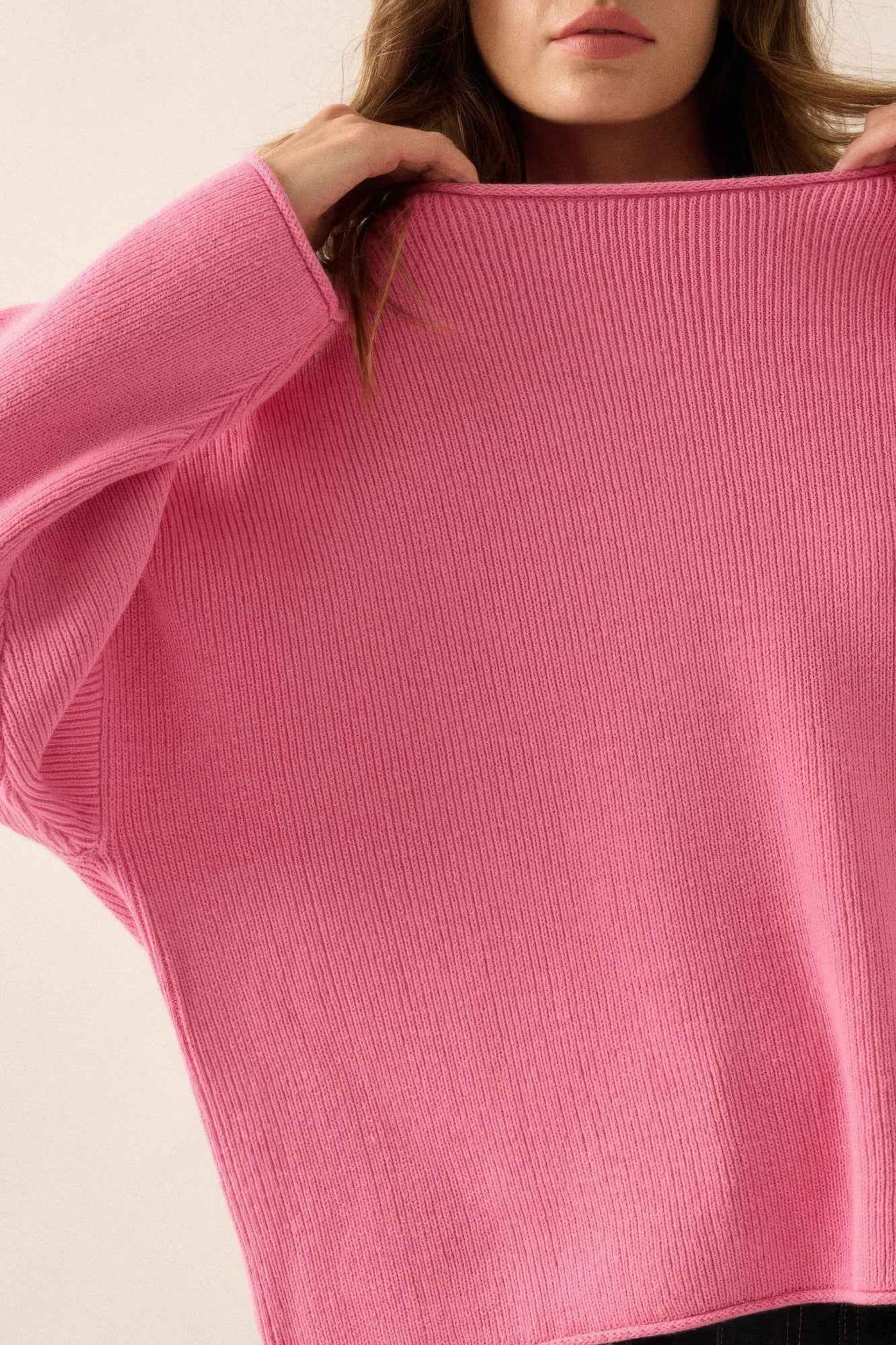 Solid Rib-knit Oversized Boatneck Sweater - Pikemla