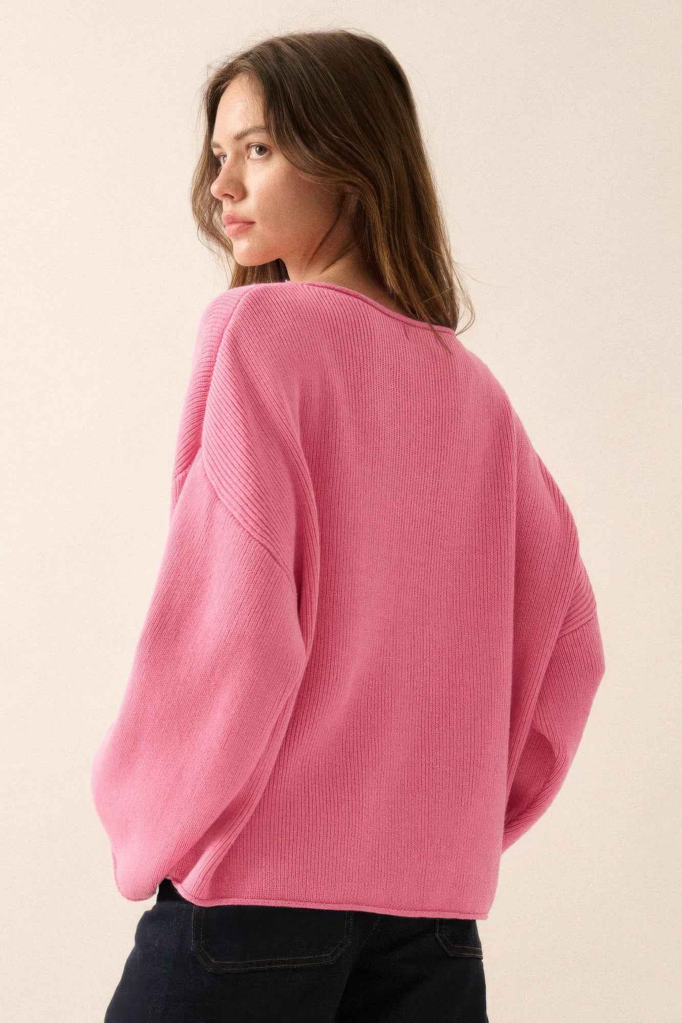 Solid Rib-knit Oversized Boatneck Sweater - Pikemla