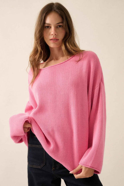 Solid Rib-knit Oversized Boatneck Sweater - Pikemla