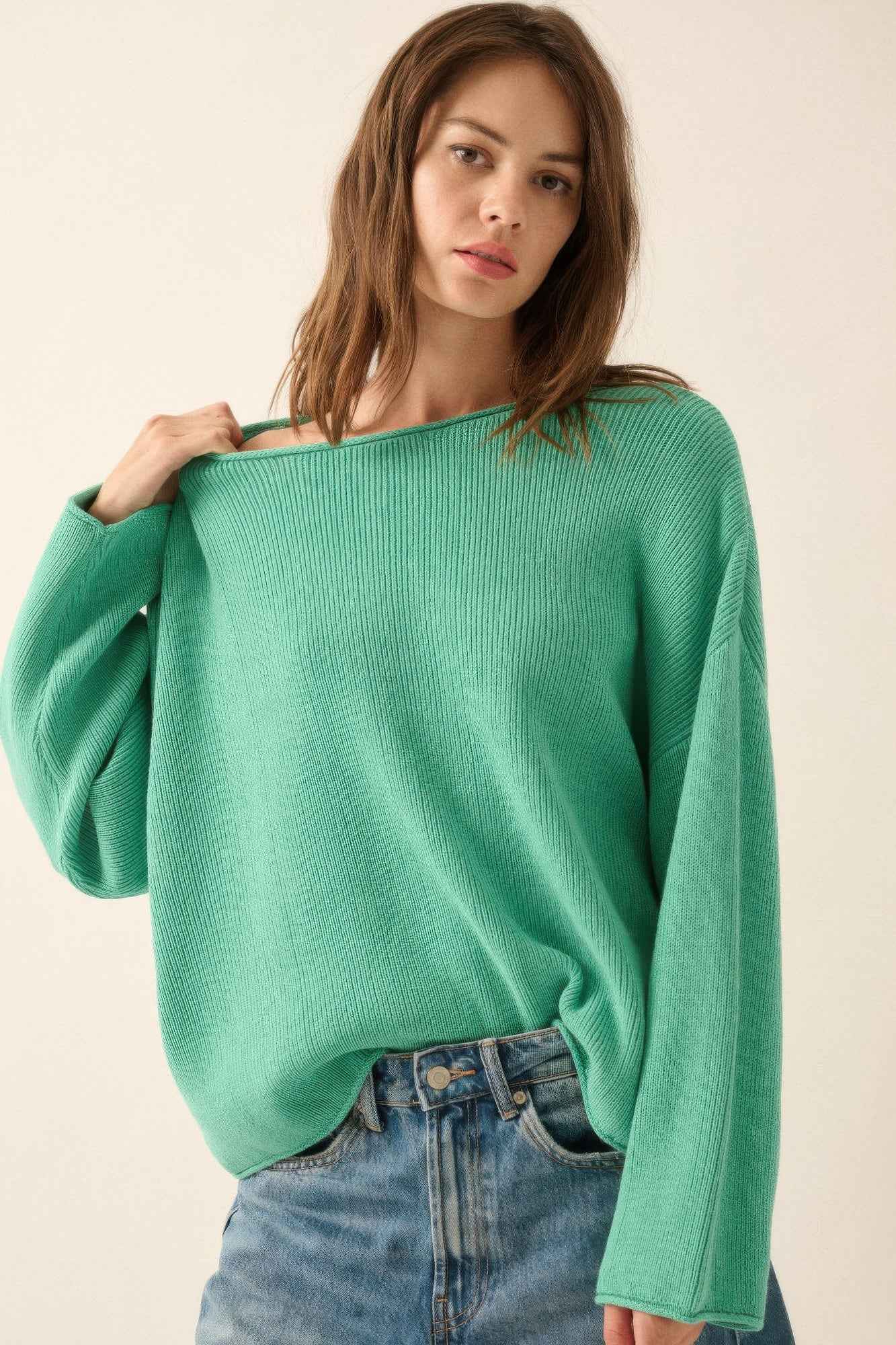 Solid Rib-knit Oversized Boatneck Sweater - Pikemla