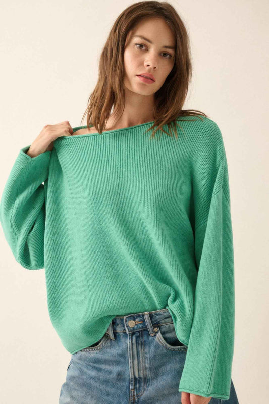 Solid Rib-knit Oversized Boatneck Sweater - Pikemla
