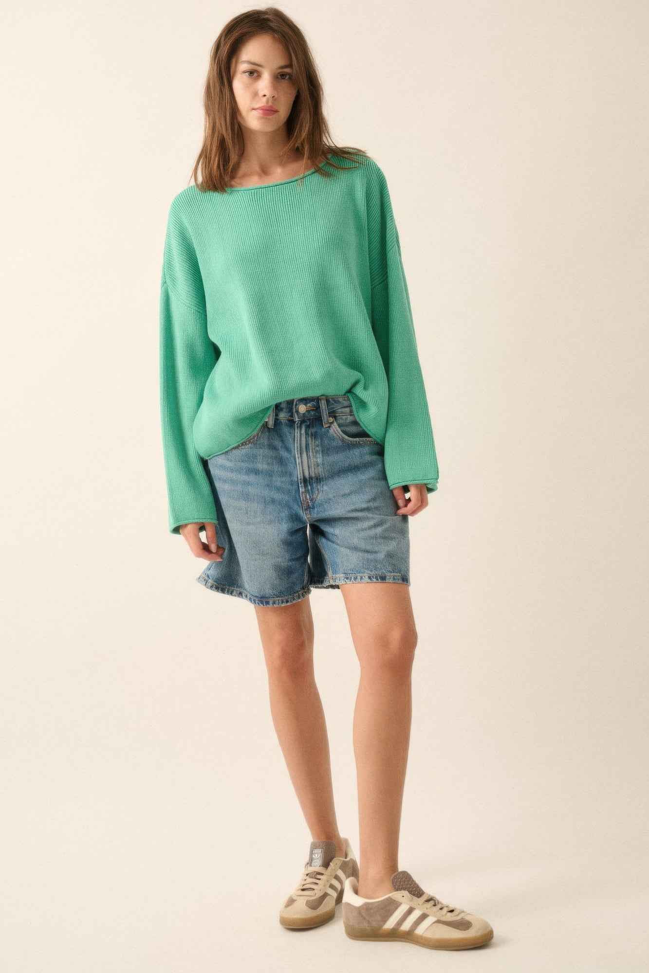Solid Rib-knit Oversized Boatneck Sweater - Pikemla