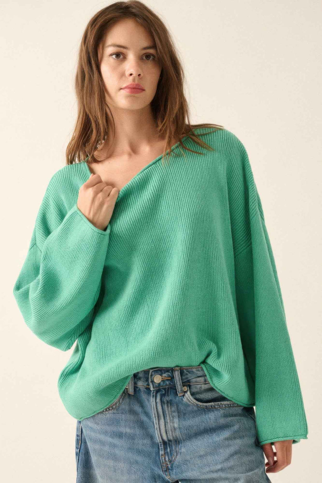 Solid Rib-knit Oversized Boatneck Sweater - Pikemla